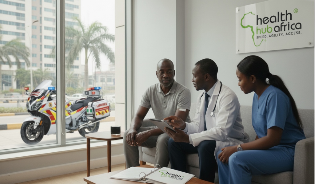 Health-Hub Africa clinician team consulting with a patient with EMDRU unit on standby