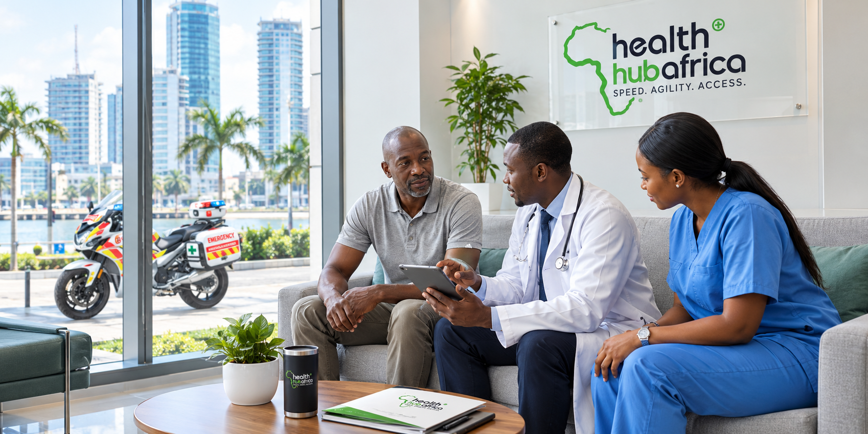 Health-Hub Africa clinician team consulting with a patient with EMDRU unit on standby